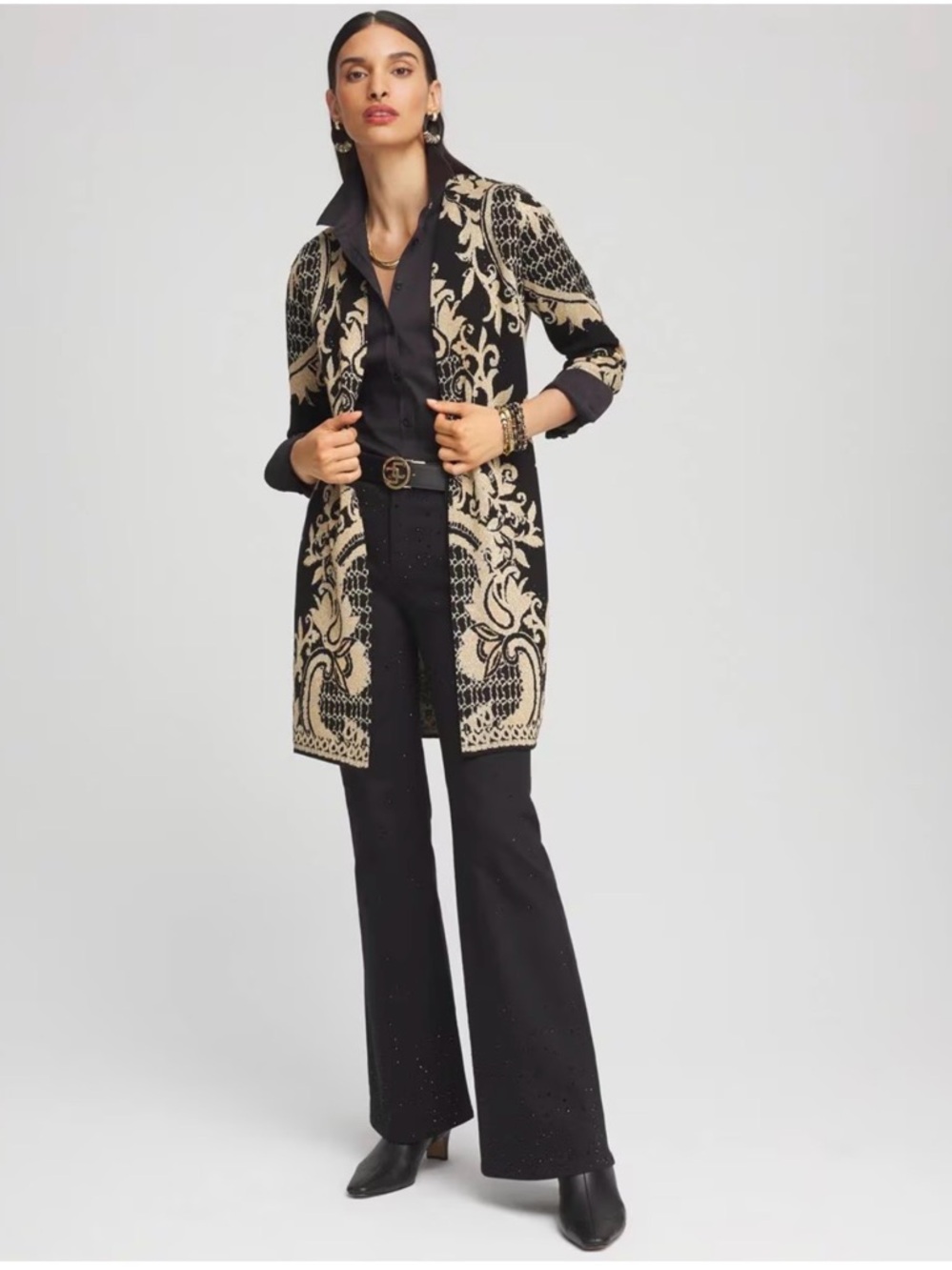 Chico's Embellished Jacquard Coatigan cardigan in black and gold size large - Picture 3 of 16